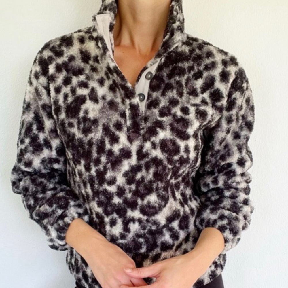 LOFT black gray leopard print teddy fleece pullover sweater size XXSP